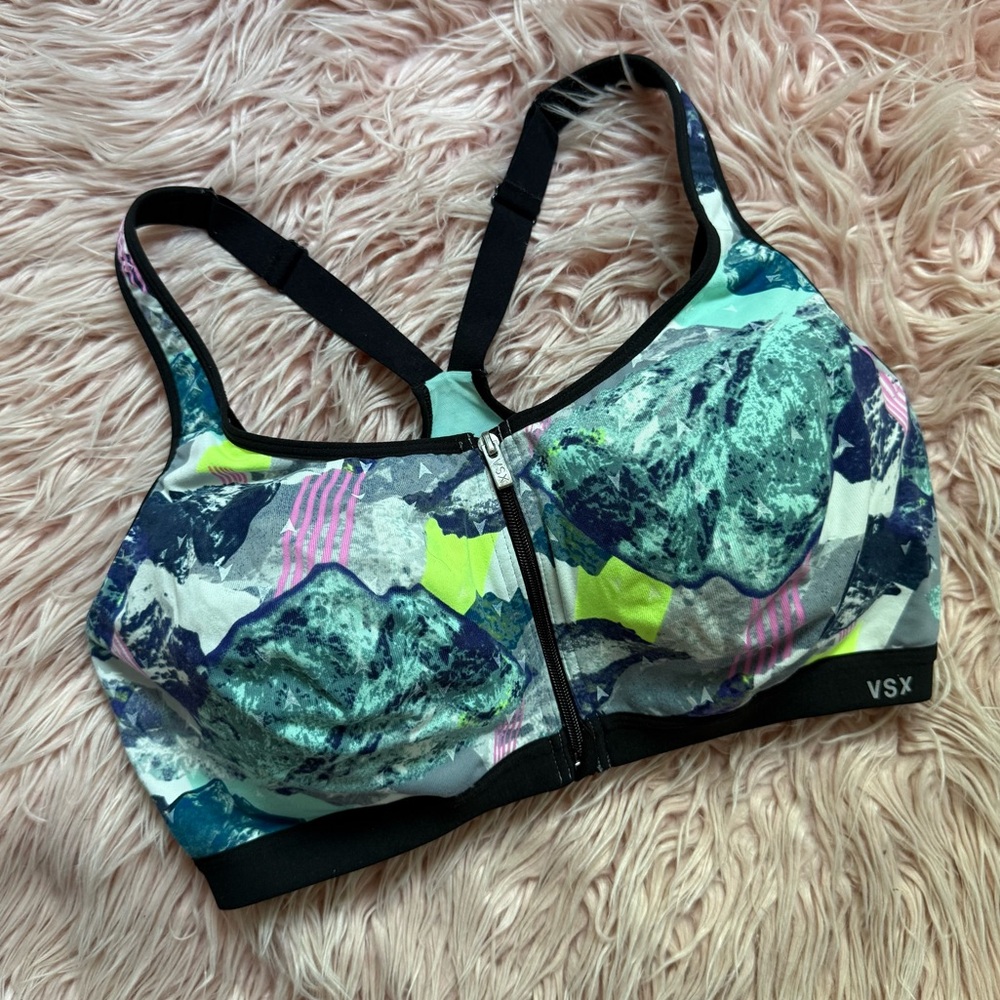 Victoria's Secret Blue & Yellow Printed Zippered Front Close Sports Bra 38DD